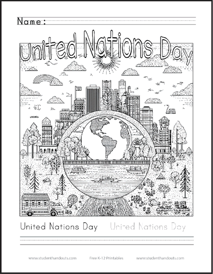 United Nations Day Coloring Page - Free to print (PDF file). Includes handwriting practice.
