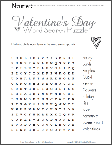 Valentine's Day Word Search Puzzle - Free to print (PDF file) for grades 2-6.