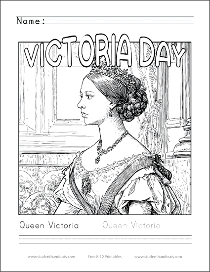 Victoria Day Coloring Page with Handwriting Practice - Cursive or print. Free to print (PDF files).
