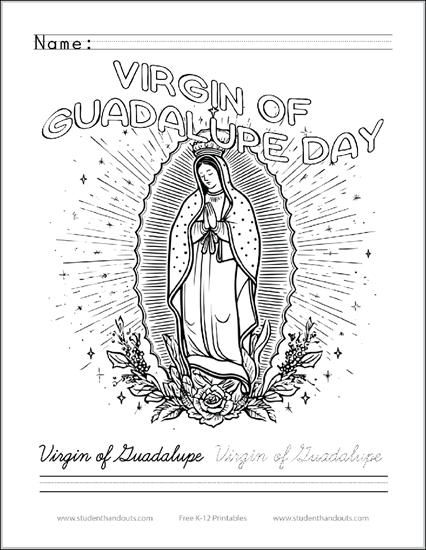 Virgin of Guadalupe Day Coloring Page with Handwriting Practice - Free to print (PDF files) in print manuscript and cursive script.