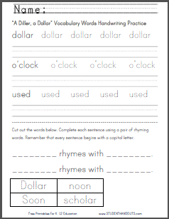 "A Diller, a Dollar" nursery rhyme worksheets. Free to print (PDF files).