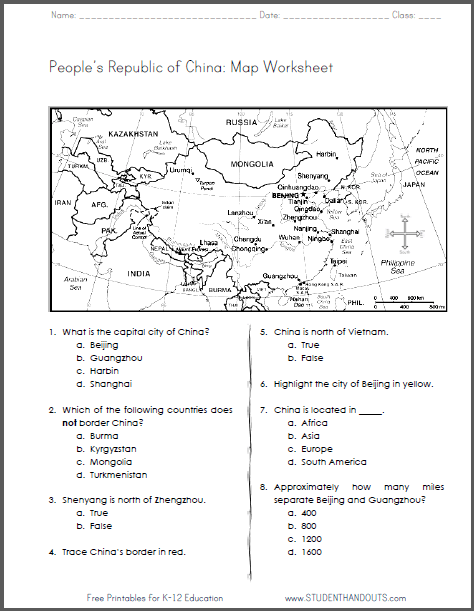 China Map Worksheet - Free to print (PDF file).