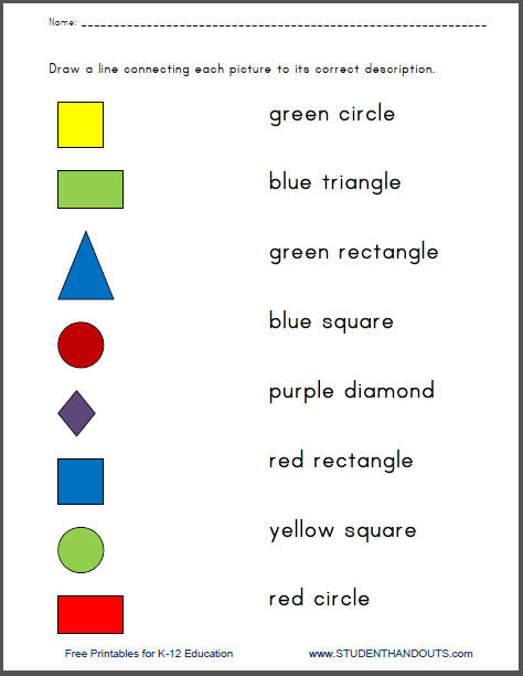 colors and shapes matching worksheets student handouts