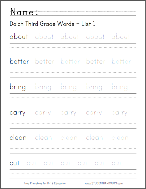 Dolch Third Grade Words Worksheets | Student Handouts