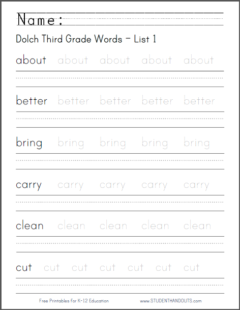 dolch third grade words worksheets student handouts