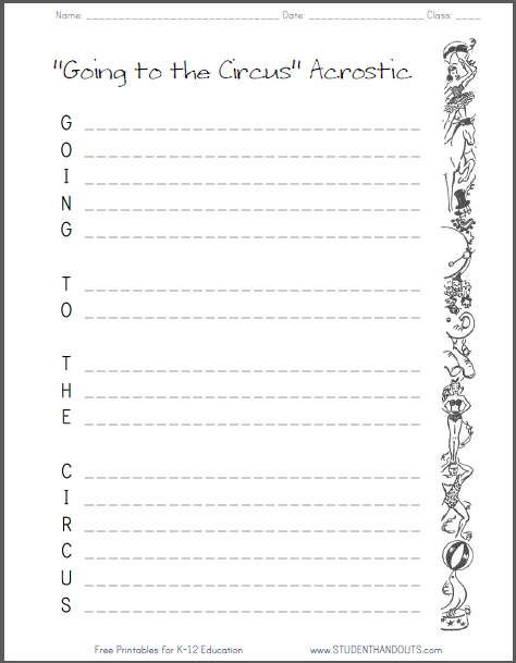 "Going to the Circus" Acrostic Poem Writing Worksheet - Free to print (PDF file).