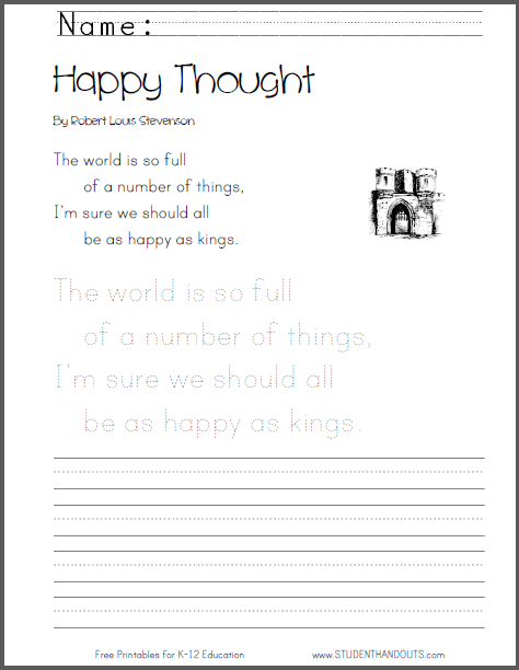 Happy Thought by Robert Louis Stevenson - Poem worksheet is free to print (PDF file).