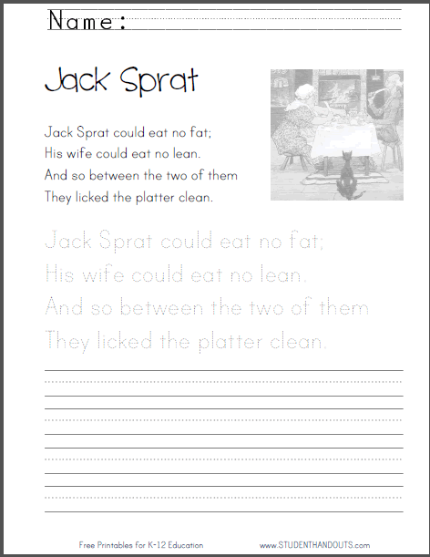 Jack Sprat Nursery Rhyme Worksheet - Free to print (PDF file).