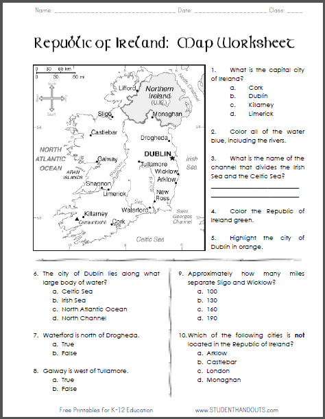 Republic of Ireland Map Worksheet - Free to print (PDF file).