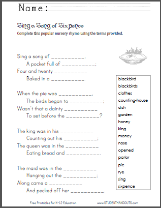 Sing a Song of Sixpence - Worksheets are free to print (PDF files).