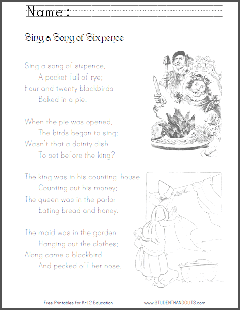 worksheet 1 grade for rhyming free words Student a of Sixpence Rhyme Worksheets Song Sing with worksheet 1 grade for rhyming free words Student a of Sixpence Rhyme Worksheets Song Sing with