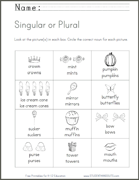 Singular or Plural Nouns Worksheet - Free to print (PDF file) for primary school students.