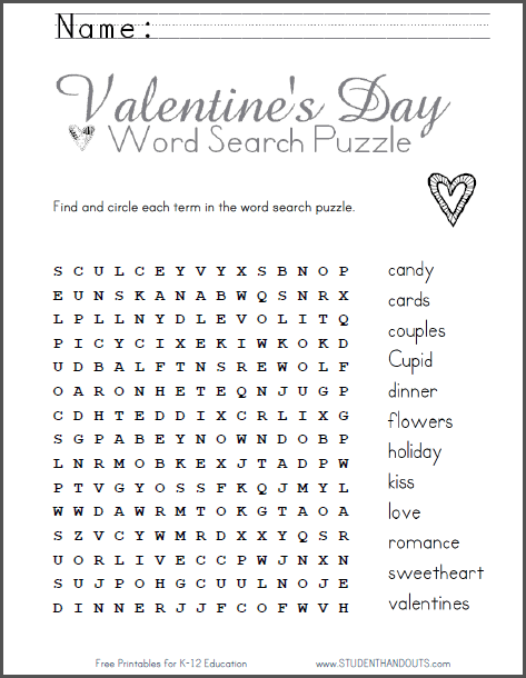 Valentine's Day Word Search Puzzle - Free to print (PDF file) for grades 2-6.