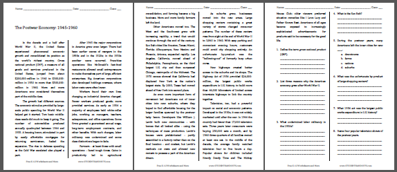 Postwar Economy: 1945-1960 - Free printable reading with questions (PDF file) for high school United States History students.