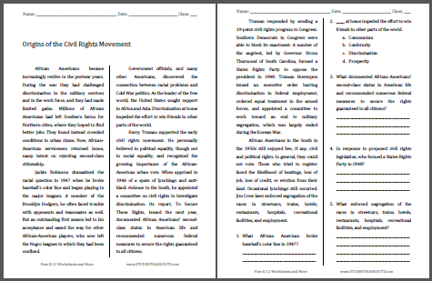 Origins of the Civil Rights Movement - Free printable reading with questions for American History education.