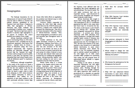 Desegregation - Free printable reading with questions for high school U.S. History.