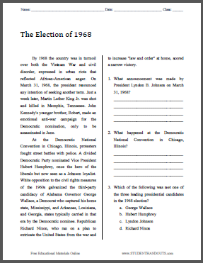 The Election of 1968 - Free printable reading with questions (PDF file) for high school United States History students.