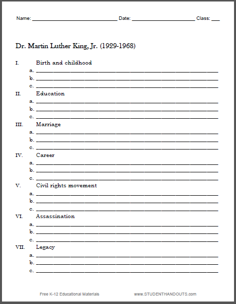 Dr. Martin Luther King - Blank Biography Outline Worksheet - Free to print (PDF file).