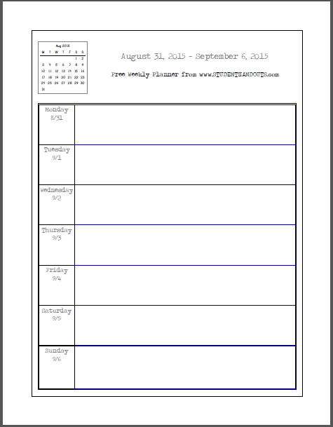 Free Blank Printable Weekly School Planner 2020 2021 Student Handouts