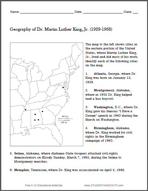 Martin Luther King Map Worksheet | Student Handouts