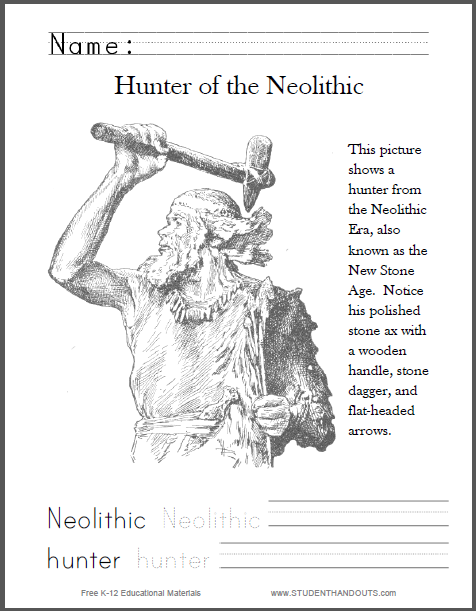 Hunter of the Neolithic Era Coloring Page - Free to print (PDF file). Includes handwriting and spelling practice.