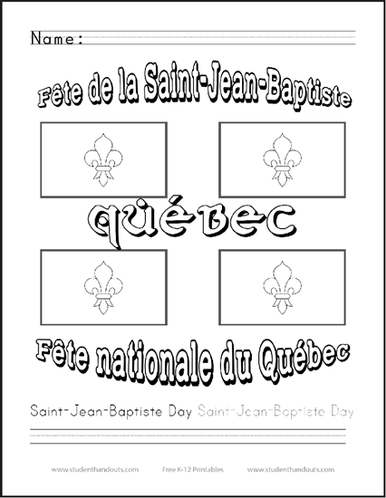 Saint-Jean-Baptiste Day Coloring Page with Handwriting Practice in Print or Cursive - Free to print (PDF file).