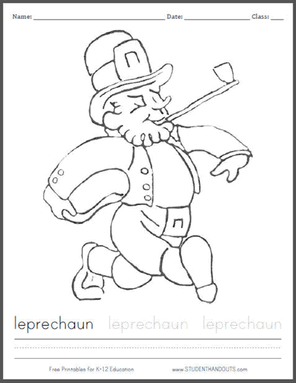 Leprechaun Coloring Page for St. Patrick's Day with Handwriting and Spelling Practice