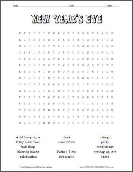 New Year's Eve Word Search Puzzle for Kids - Free Worksheet to Print