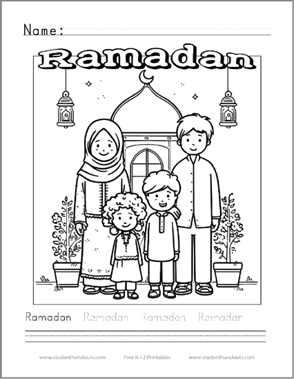 Ramadan Coloring Page with Handwriting Practice - Free to print (PDF file). Print manuscript or cursive script.