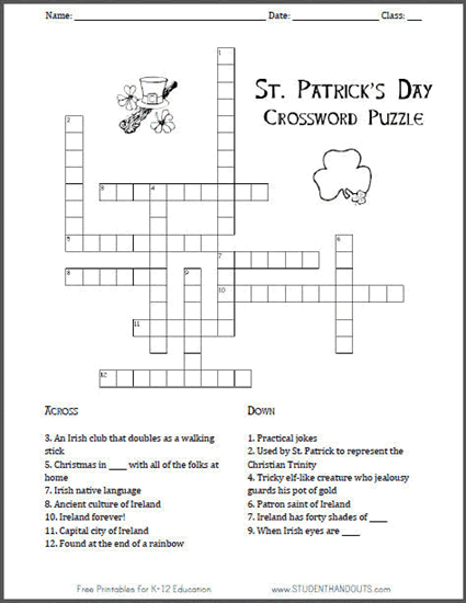 St. Paddy's Day Printable Crossword Puzzle for Kids - Free to print (PDF file).