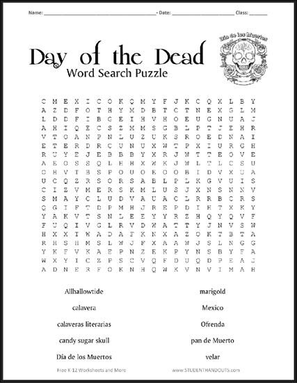 Day of the Dead Word Search Puzzle - Free to print (PDF file). Includes answer key.