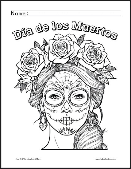 Day of the Dead Coloring Pages - Free to print (PDF files). Some include print and cursive handwriting practice.