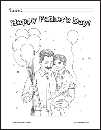 Father and son with balloons for Father's Day coloring page.