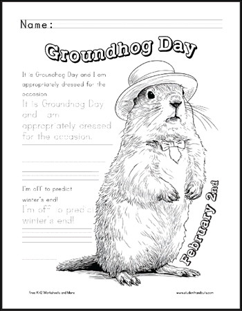 Groundhog predicting the end of winter coloring sheet (PDF).