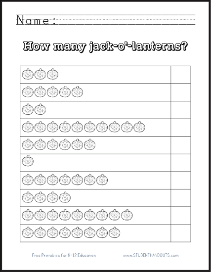 How many jack-o'-lanterns? Free printable counting worksheet.