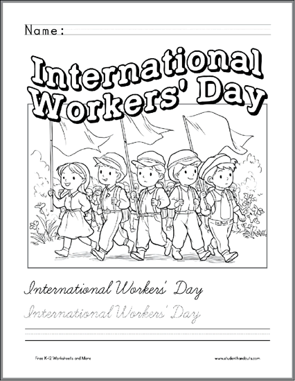 International Workers' Day Coloring Page for Kids - Free to print (PDF file). Includes print and cursive handwriting practice.