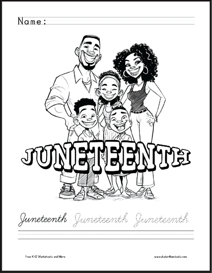 Juneteenth Family Coloring Page with Handwriting Practice - Free to print (PDF file).