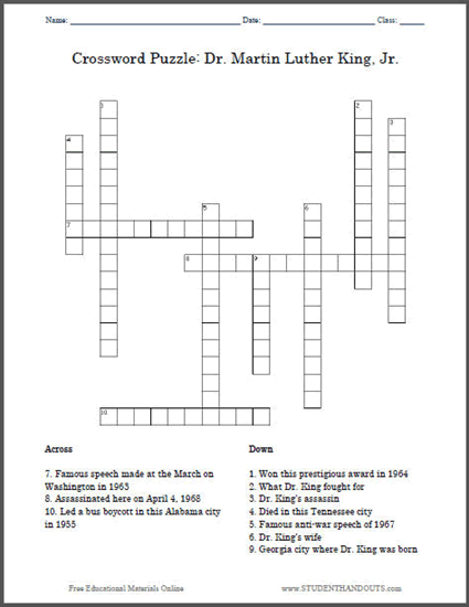 Dr. Martin Luther King Printable Crossword Puzzle - Free to print (PDF file).