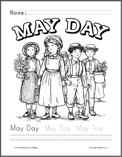 May Day Coloring Page with Handwriting Practice - Free to print (PDF file) in print manuscript or cursive script.