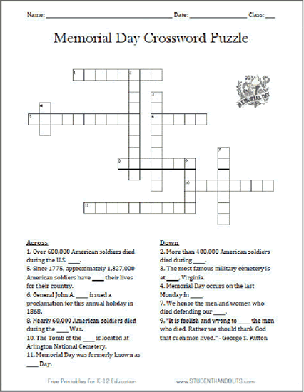 Memorial Day Crossword Puzzle Worksheet - Free to print (PDF file) for grades six and up.