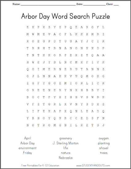 Arbor Day Word Search Puzzle - Free to print (PDF file).