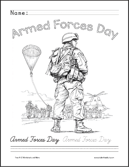 Armed Forces Day Coloring Page - Free to print (PDF file). Includes print or cursive handwriting practice.