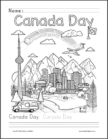 Canada Day Coloring Page - Free to print (PDF file). Includes handwriting practice.