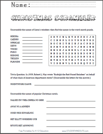 Christmas Scrambler - Free Printable Worksheet for Kids