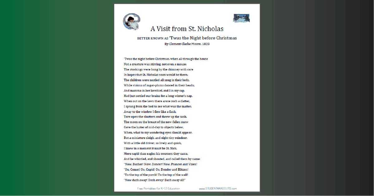 Twas the Night Before Christmas Text PDF | Student Handouts for Poem Free Printable Twas The Night Before Christmas Words
