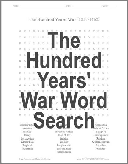 Hundred Years' War Word Search Puzzle - Free to print (PDF file) for high school World History or European History students.