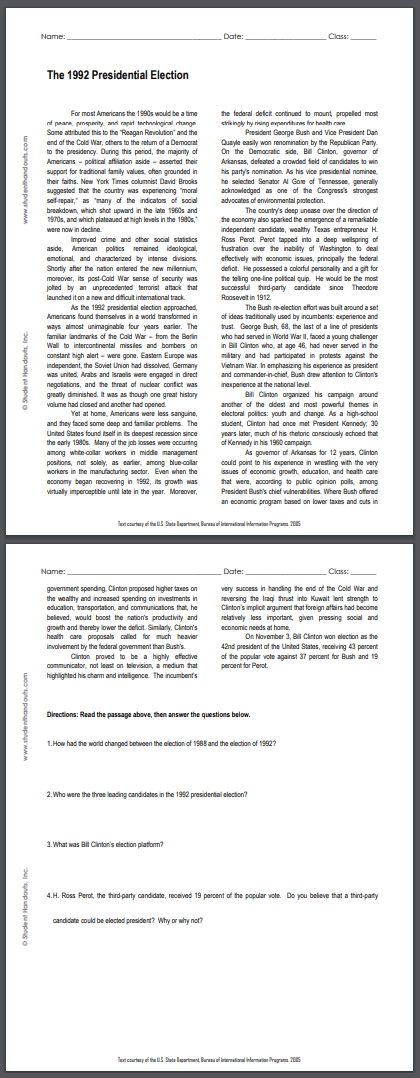 1992 Presidential Election Reading with Questions - Free to print (PDF file) for high school United States History students.