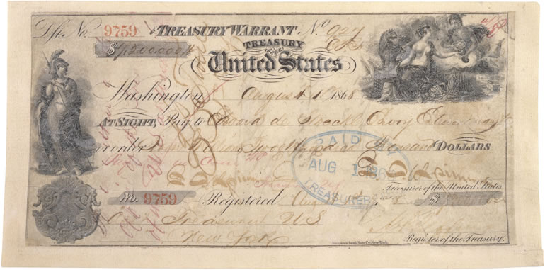 Canceled Check for the Purchase of Alaska (1868)