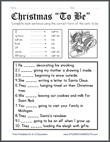 Christmas "To Be" Verb Worksheet - Free to print (PDF file).