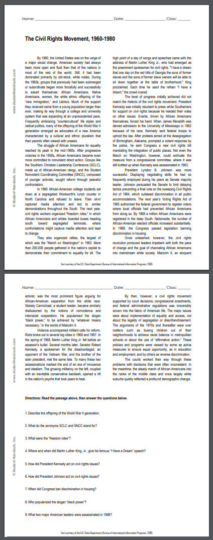 The Civil Rights Movement, 1960-1980 - Free printable reading with questions for high school United States History students (PDF file).